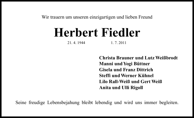 Traueranzeigen von Herbert Fiedler trauer.nn.de