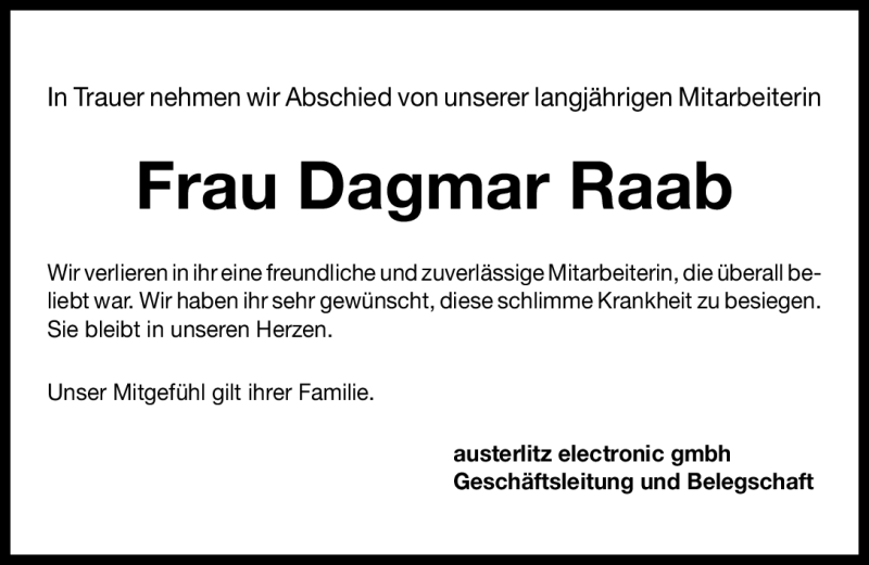  Traueranzeige für Dagmar Raab vom 08.07.2011 aus Nürnberger Nachrichten