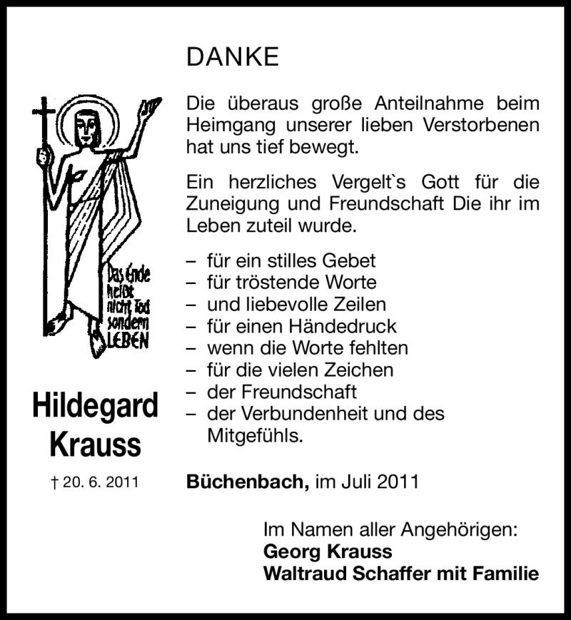 Traueranzeige für Hildegard Krauss vom 09.07.2011 aus Nürnberger Nachrichten