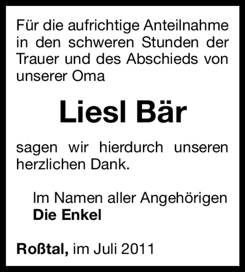  Traueranzeige für Liesl Bär vom 09.07.2011 aus Nürnberger Nachrichten