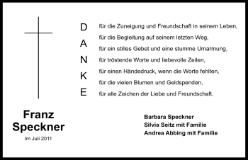 Traueranzeige von Franz Speckner von Nürnberger Nachrichten