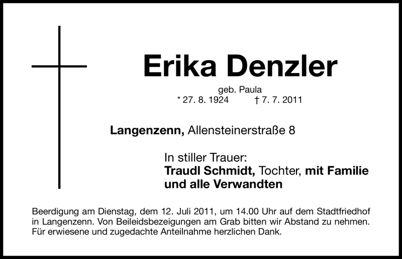  Traueranzeige für Erika Denzler vom 11.07.2011 aus Nürnberger Nachrichten