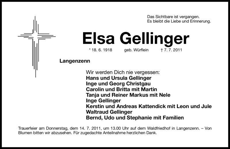  Traueranzeige für Elsa Gellinger vom 12.07.2011 aus Nürnberger Nachrichten