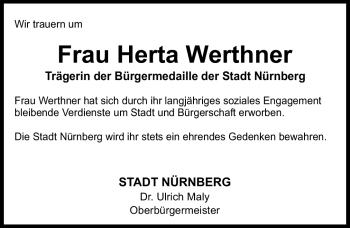 Traueranzeige von Herta Werthner von Nürnberger Nachrichten