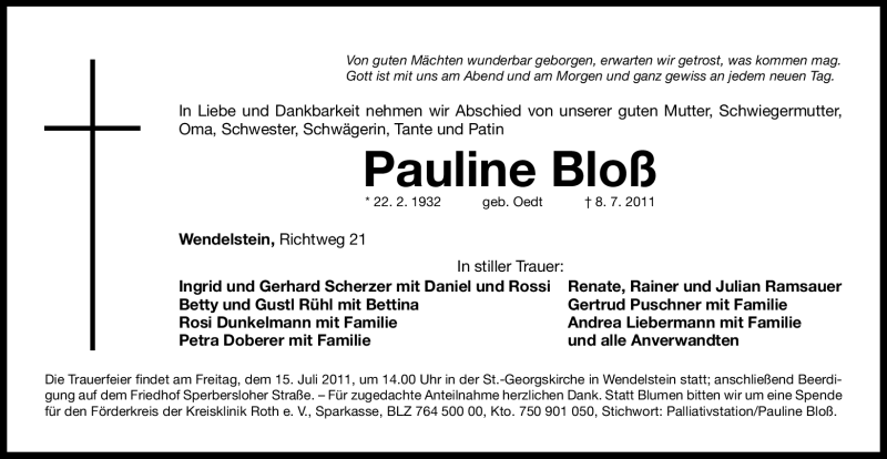  Traueranzeige für Pauline Bloß vom 13.07.2011 aus Nürnberger Nachrichten