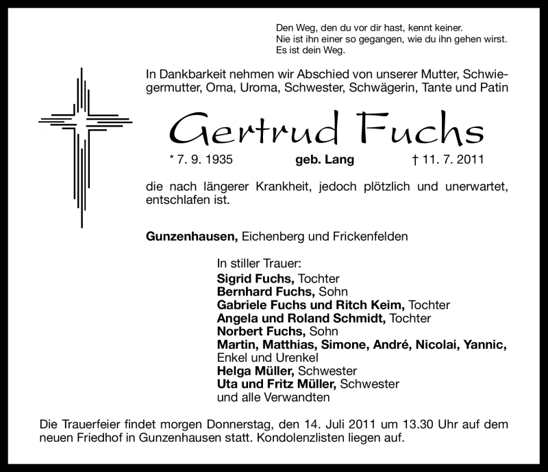  Traueranzeige für Gertrud Fuchs vom 13.07.2011 aus Nürnberger Nachrichten