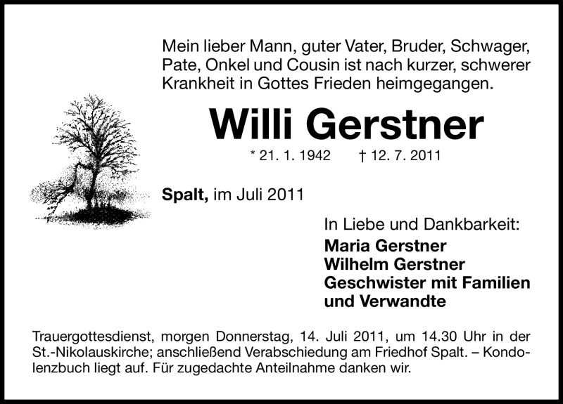  Traueranzeige für Willi Gerstner vom 13.07.2011 aus Nürnberger Nachrichten