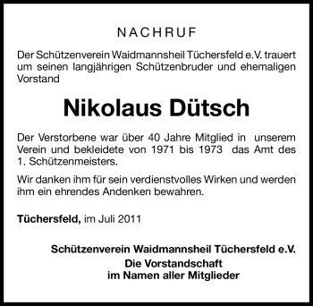 Traueranzeige von Nikolaus Dütsch von Nürnberger Nachrichten