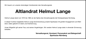 Traueranzeige von Helmut Lange von Nürnberger Nachrichten