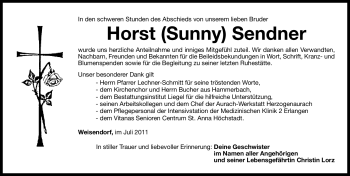 Traueranzeige von Horst Sendner von Nürnberger Nachrichten