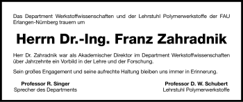 Traueranzeige von Franz Zahradnik von Nürnberger Nachrichten