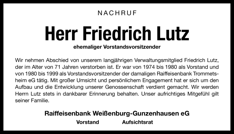  Traueranzeige für Friedrich Lutz vom 16.07.2011 aus Nürnberger Nachrichten