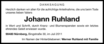 Traueranzeige von Johann Ruhland von Nürnberger Nachrichten