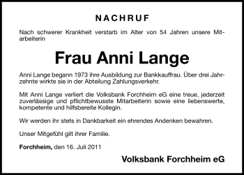Traueranzeige von Anni Lange von Nürnberger Nachrichten