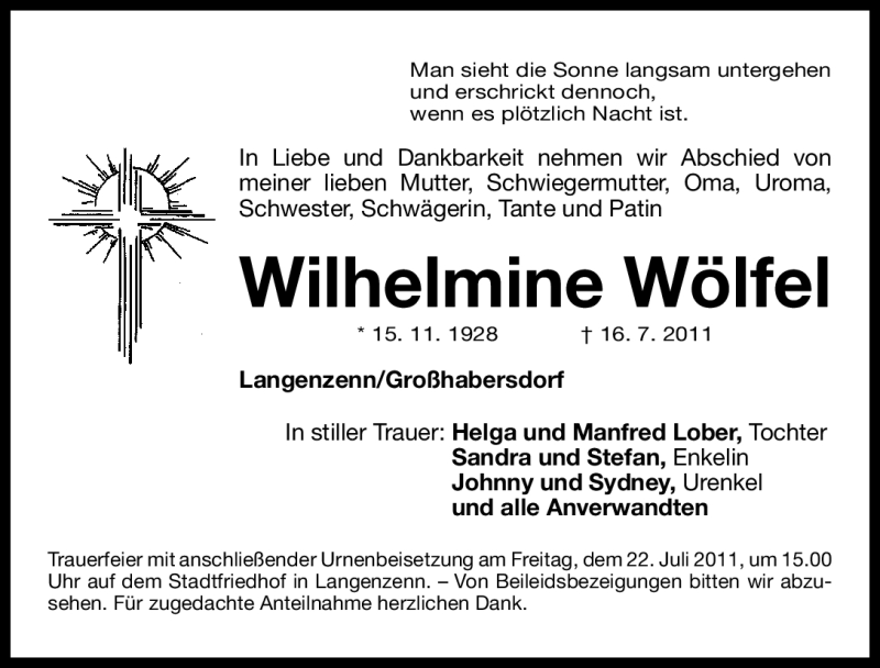  Traueranzeige für Wilhelmine Wölfel vom 19.07.2011 aus Nürnberger Nachrichten