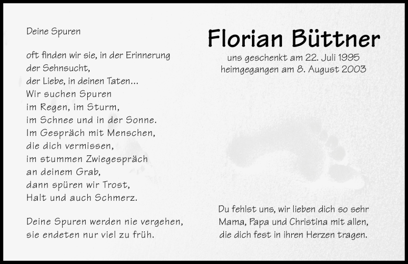  Traueranzeige für Florian Büttner vom 22.07.2011 aus Nürnberger Nachrichten