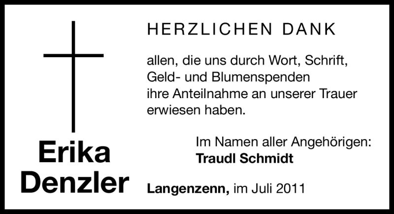  Traueranzeige für Erika Denzler vom 23.07.2011 aus Nürnberger Nachrichten
