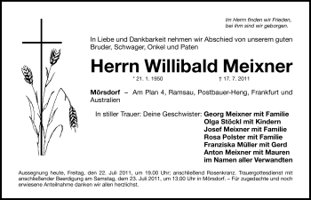 Traueranzeige von Willibald Meixner von Nürnberger Nachrichten