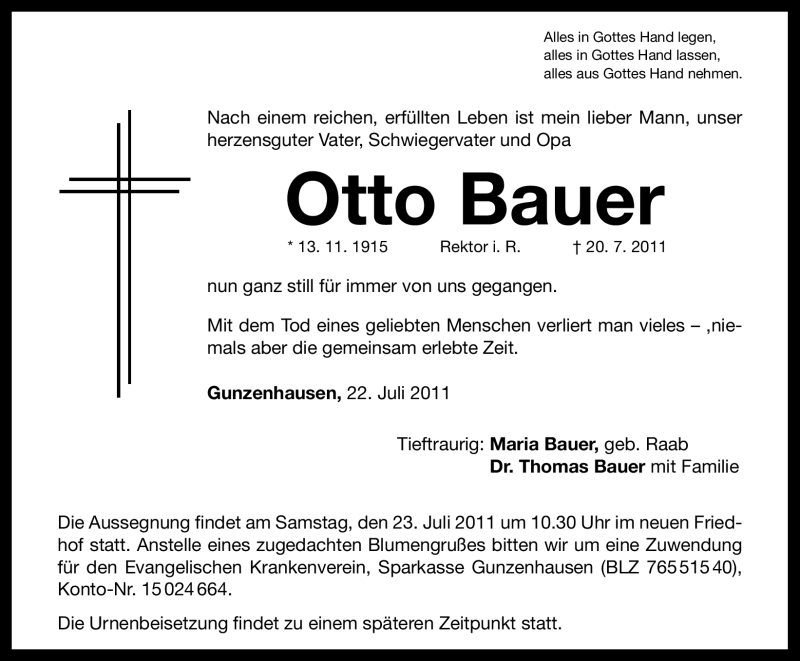  Traueranzeige für Otto Bauer vom 22.07.2011 aus Nürnberger Nachrichten