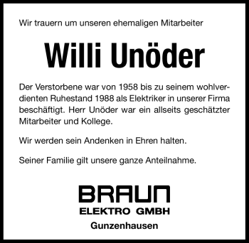 Traueranzeige von Willi Unöder von Nürnberger Nachrichten