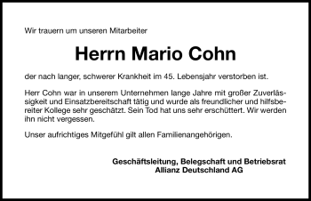 Traueranzeige von Mario Cohn von Nürnberger Nachrichten