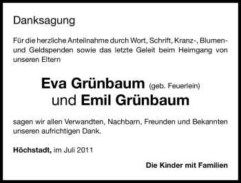Traueranzeige von Eva und Emil Grünbaum von Nürnberger Nachrichten