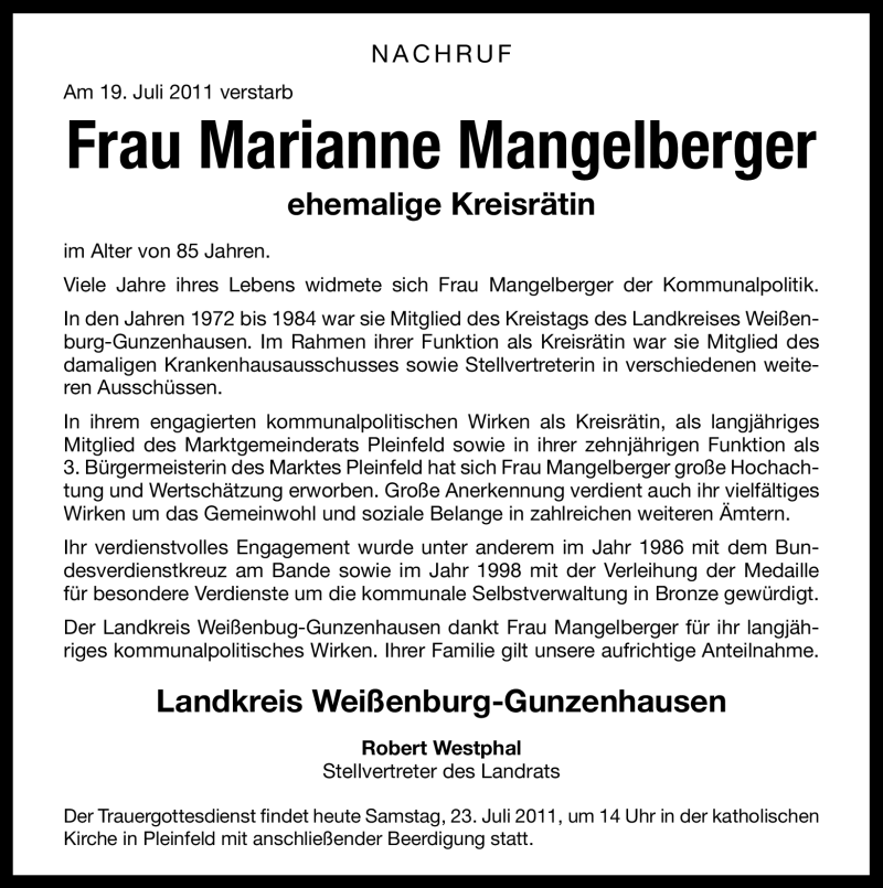  Traueranzeige für Marianne Mangelberger vom 23.07.2011 aus Nürnberger Nachrichten