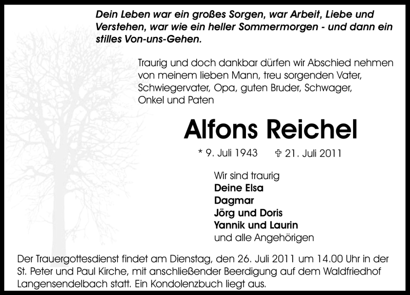  Traueranzeige für Alfons Reichel vom 23.07.2011 aus Nürnberger Nachrichten