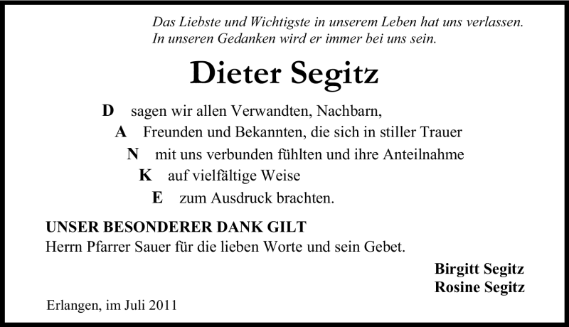  Traueranzeige für Dieter Segitz vom 23.07.2011 aus Nürnberger Nachrichten