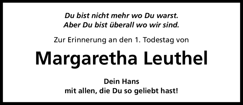  Traueranzeige für Margaretha Leuthel vom 26.07.2011 aus Nürnberger Nachrichten