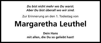 Traueranzeige von Margaretha Leuthel von Nürnberger Nachrichten