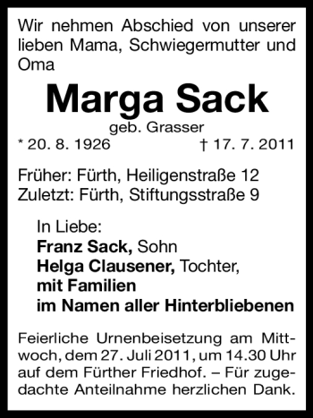 Traueranzeige von Marga Sack von Nürnberger Nachrichten