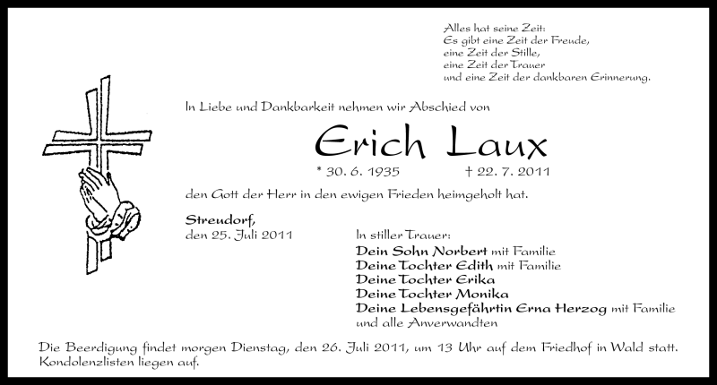  Traueranzeige für Erich Laux vom 25.07.2011 aus Nürnberger Nachrichten