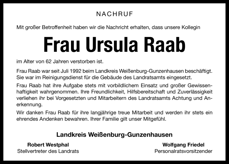 Traueranzeige für Ursula Raab vom 26.07.2011 aus Nürnberger Nachrichten