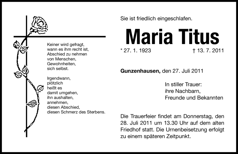  Traueranzeige für Maria Titus vom 27.07.2011 aus Nürnberger Nachrichten