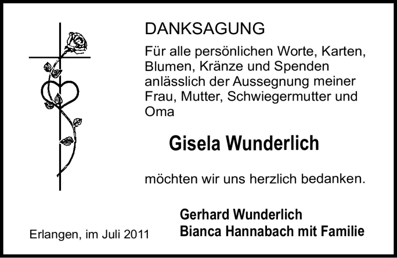  Traueranzeige für Gisela Wunderlich vom 30.07.2011 aus Nürnberger Nachrichten