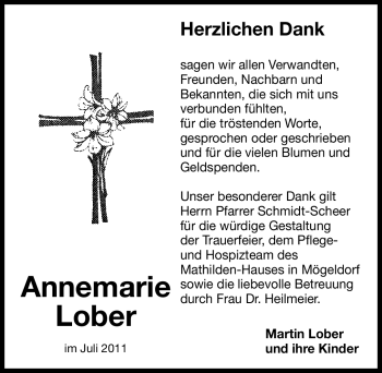 Traueranzeige von Annemarie Lober von Nürnberger Nachrichten