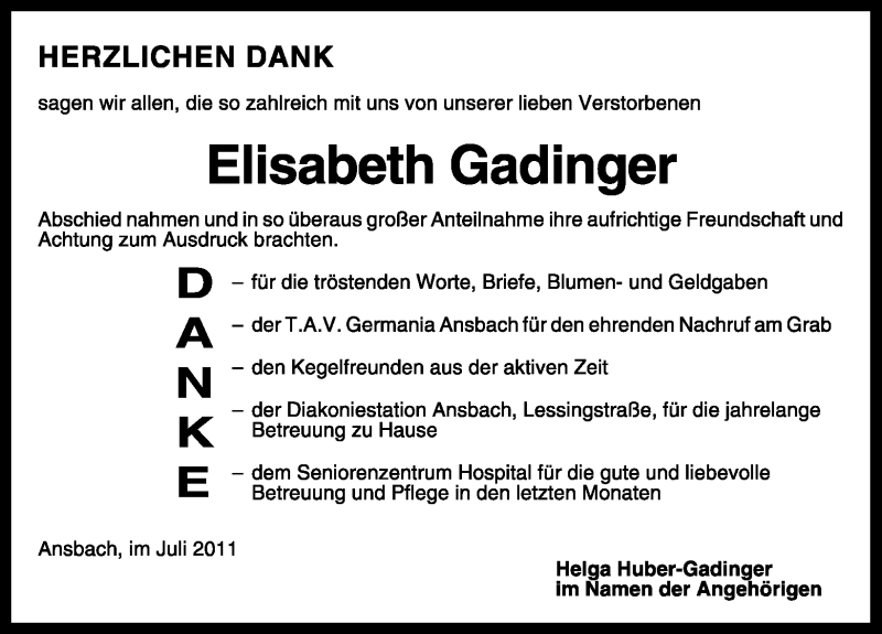  Traueranzeige für Elisabeth Gadinger vom 30.07.2011 aus Nürnberger Nachrichten