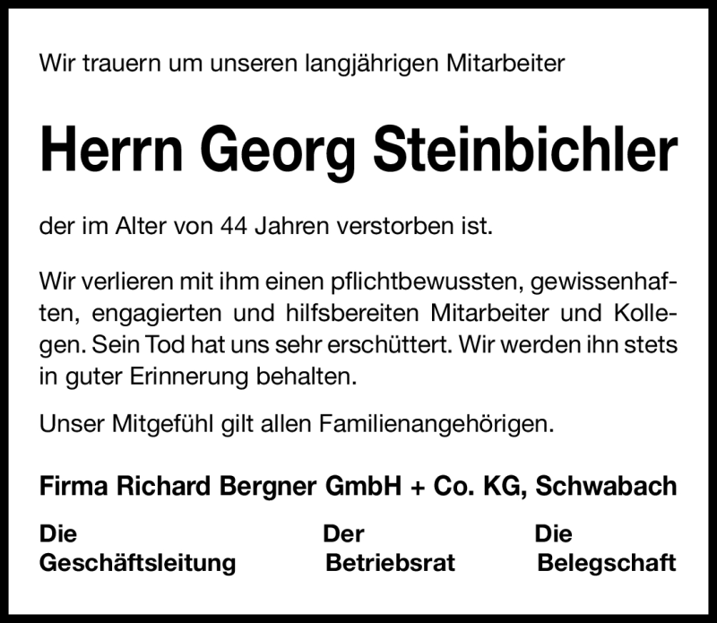  Traueranzeige für Georg Steinbichler vom 30.07.2011 aus Nürnberger Nachrichten