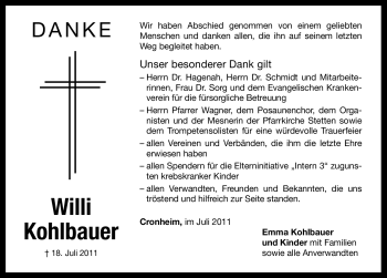 Traueranzeige von Willi Kohlbauer von Nürnberger Nachrichten