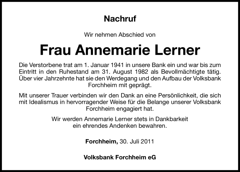  Traueranzeige für Annemarie Lerner vom 30.07.2011 aus Nürnberger Nachrichten