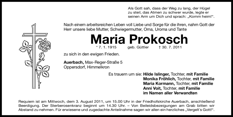  Traueranzeige für Maria Prokosch vom 02.08.2011 aus Nürnberger Nachrichten