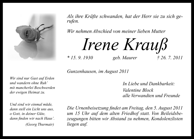  Traueranzeige für Irene Krauß vom 04.08.2011 aus Nürnberger Nachrichten