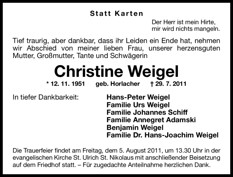 Traueranzeigen von Christine Weigel | trauer.nn.de