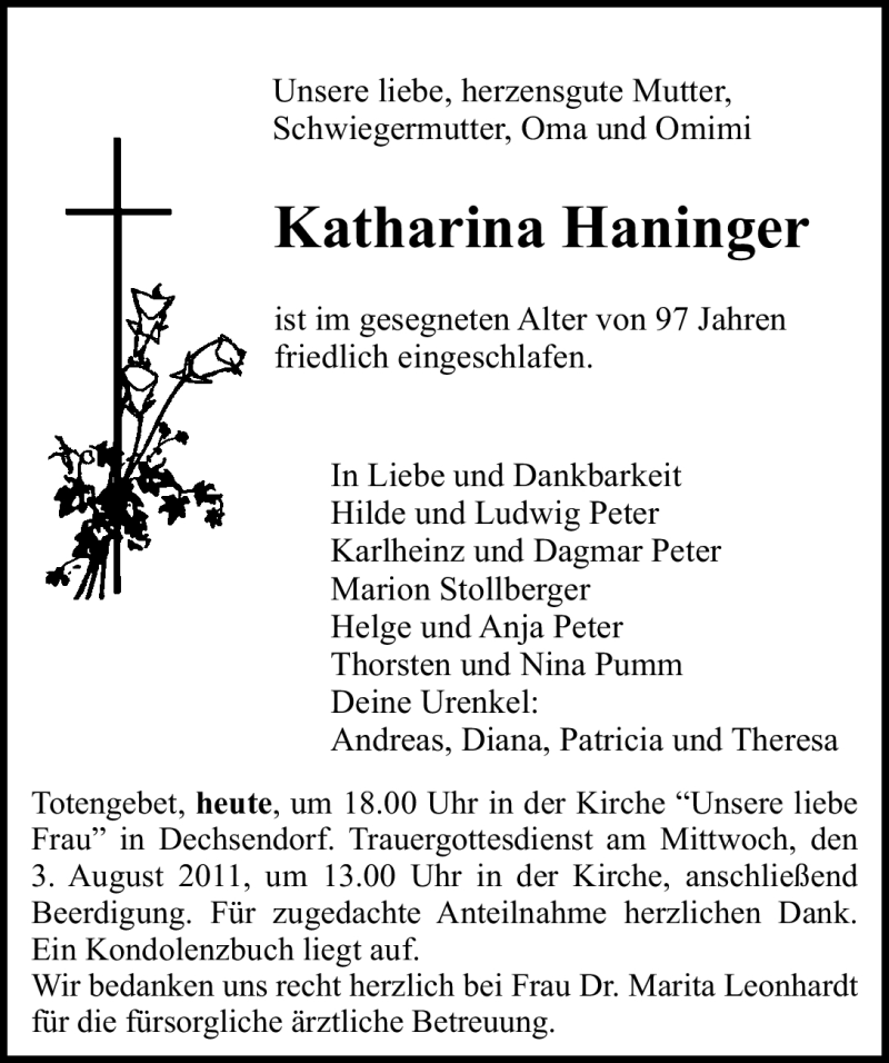  Traueranzeige für Katharina Haninger vom 02.08.2011 aus Nürnberger Nachrichten