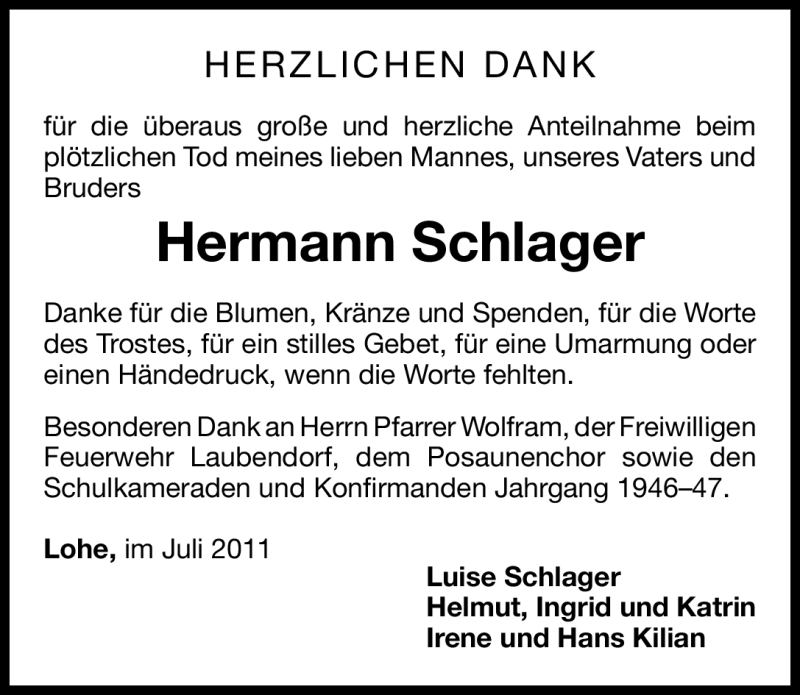  Traueranzeige für Hermann Schlager vom 03.08.2011 aus Nürnberger Nachrichten