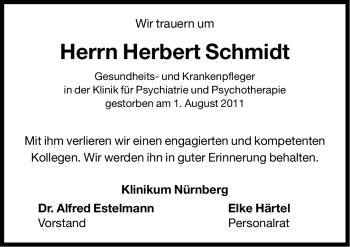 Traueranzeige von Herbert Schmidt von Nürnberger Nachrichten