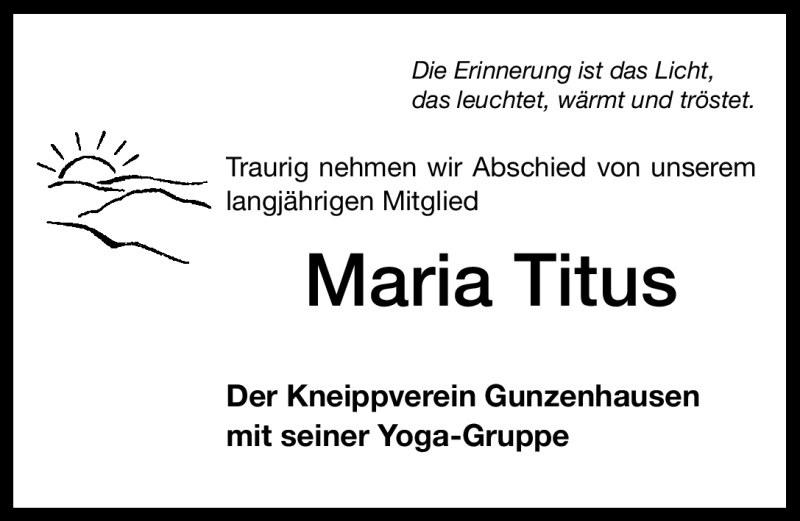  Traueranzeige für Maria Titus vom 04.08.2011 aus Nürnberger Nachrichten