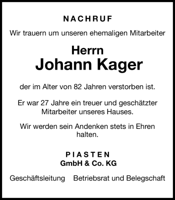 Traueranzeige von Johann Kager von Nürnberger Nachrichten