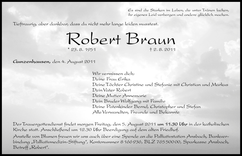  Traueranzeige für Robert Braun vom 04.08.2011 aus Nürnberger Nachrichten